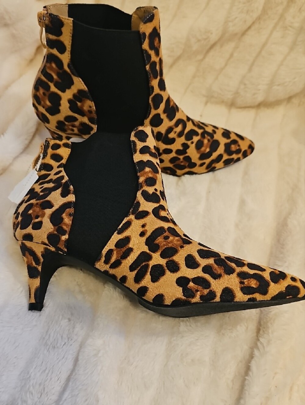 Leopard Print Pointed Ankle Booties with Kitten Heel - Black & Brown - Picture 5 of 8